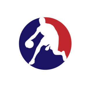 White basketball player silhouette isolated on two color circle